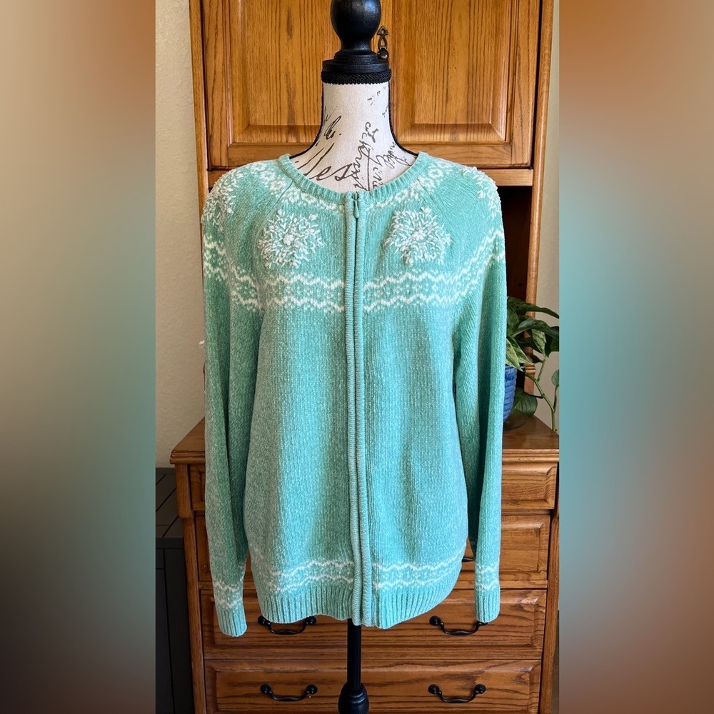 Alfred Dunner Women Seafoam Green Fair Isle Snowflake Zip Cardigan Sweater Small